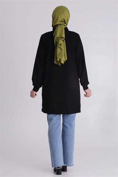 Behrem Taşlı Yaka Bağcıklı Tunik Siyah OTW2062