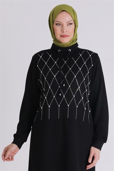Behrem Taşlı Yaka Bağcıklı Tunik Siyah OTW2062