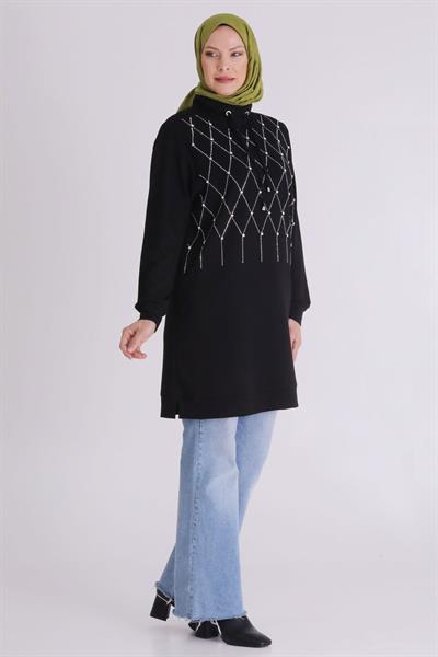 Behrem Taşlı Yaka Bağcıklı Tunik Siyah OTW2062