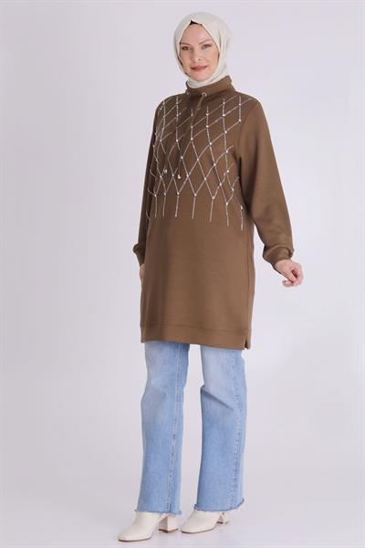 Behrem Taşlı Yaka Bağcıklı Tunik Vizon OTW2062