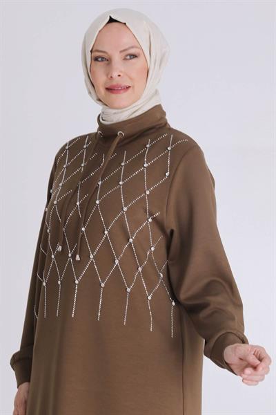 Behrem Taşlı Yaka Bağcıklı Tunik Vizon OTW2062