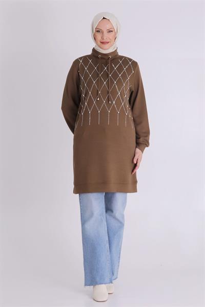 Behrem Taşlı Yaka Bağcıklı Tunik Vizon OTW2062