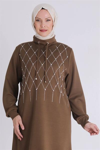 Behrem Taşlı Yaka Bağcıklı Tunik Vizon OTW2062