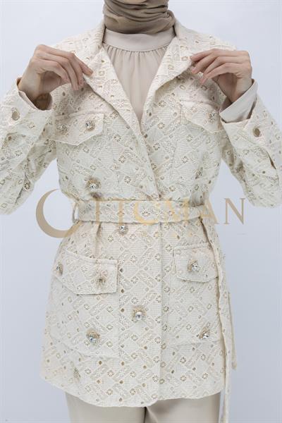 Bej Taş Düğmeli Dantel Ceket  Bej OTW14230