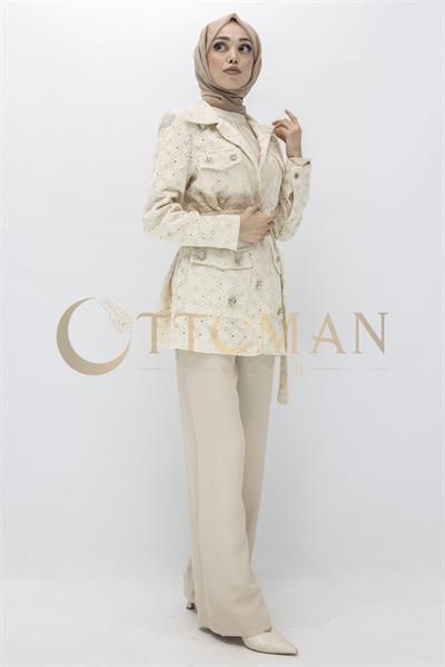 Bej Taş Düğmeli Dantel Ceket  Bej OTW14230