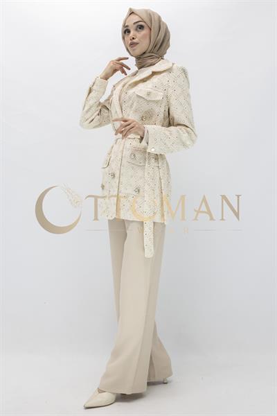Bej Taş Düğmeli Dantel Ceket  Bej OTW14230