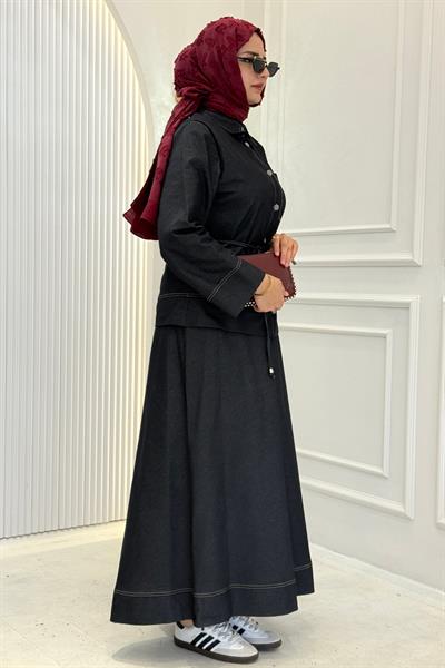 Bel Bağlamalı Kontrast Dikiş Detaylı Etekli Takım Lacivert OTW8647