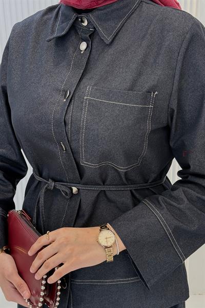 Bel Bağlamalı Kontrast Dikiş Detaylı Etekli Takım Lacivert OTW8647