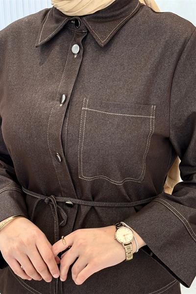 Bel Bağlamalı Kontrast Dikiş Detaylı Etekli Takım Kahve OTW8647