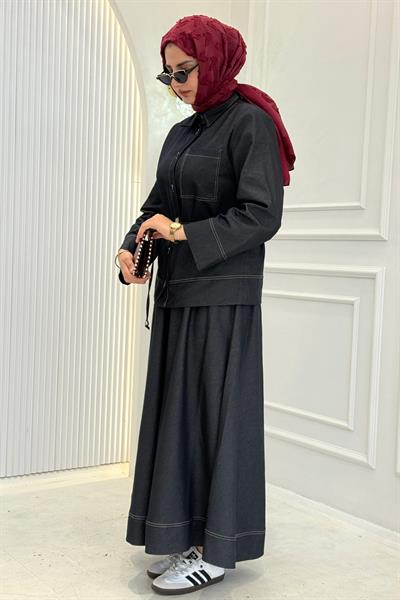 Bel Bağlamalı Kontrast Dikiş Detaylı Etekli Takım Lacivert OTW8647