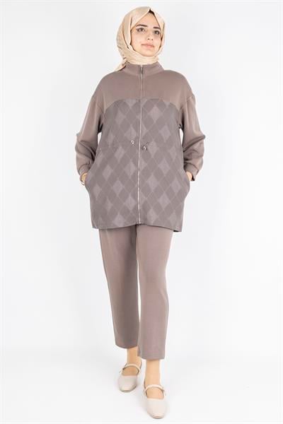 Bel Büzgülü Modern Tasarım Tesettür Takım Kahve OTW8584