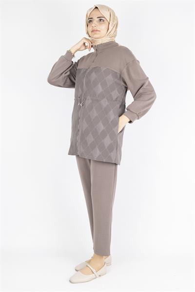 Bel Büzgülü Modern Tasarım Tesettür Takım Kahve OTW8584