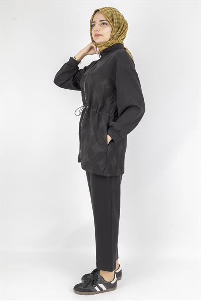 Bel Büzgülü Modern Tasarım Tesettür Takım Siyah OTW8584