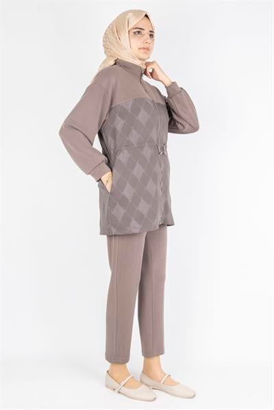 Bel Büzgülü Modern Tasarım Tesettür Takım Kahve OTW8584