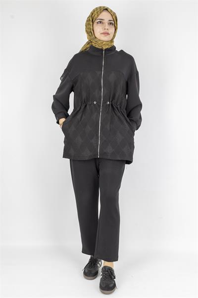 Bel Büzgülü Modern Tasarım Tesettür Takım Siyah OTW8584