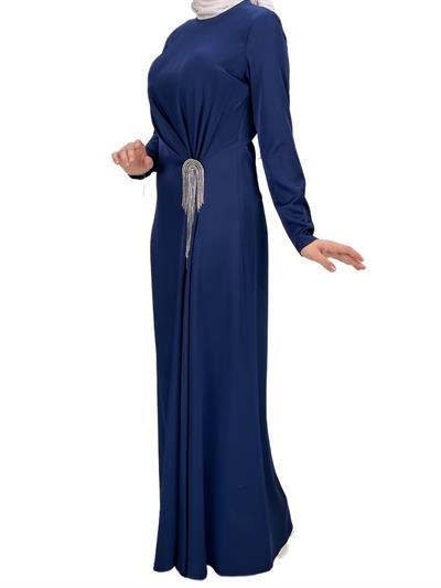 Bel Büzgülü Saten Elbise Lacivert OTW36225