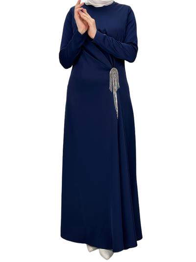 Bel Büzgülü Saten Elbise Lacivert OTW36225