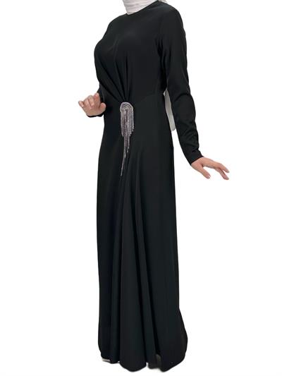Bel Büzgülü Saten Elbise Siyah OTW36225