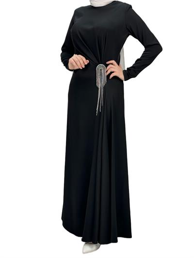 Bel Büzgülü Saten Elbise Siyah OTW36225