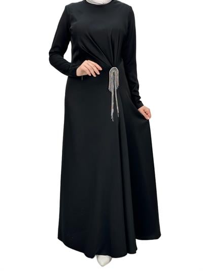 Bel Büzgülü Saten Elbise Siyah OTW36225