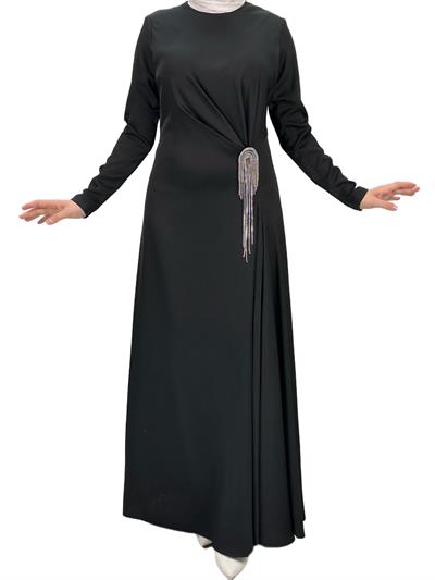 Bel Büzgülü Saten Elbise Siyah OTW36225