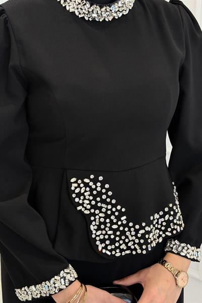 Bel ve Yaka Taş Detaylı Abiye Siyah OTW4862