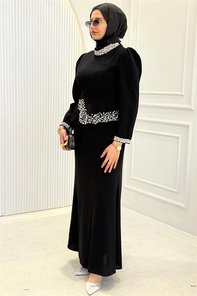 Bel ve Yaka Taş Detaylı Abiye Siyah OTW4862