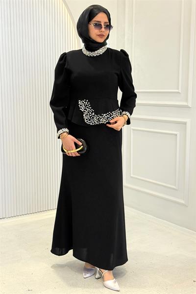 Bel ve Yaka Taş Detaylı Abiye Siyah OTW4862