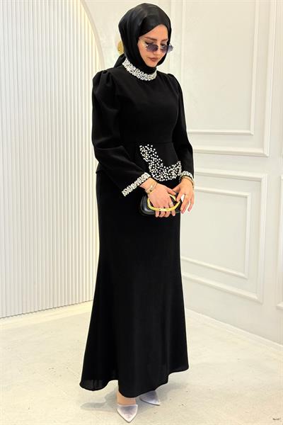 Bel ve Yaka Taş Detaylı Abiye Siyah OTW4862