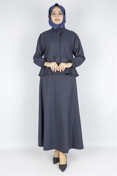 Belden Büzgülü Kaşe Ceketli Etek Takım Lacivert OTW3320