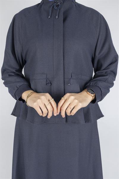 Belden Büzgülü Kaşe Ceketli Etek Takım Lacivert OTW3320