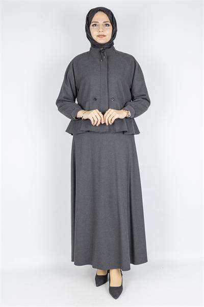 Belden Büzgülü Kaşe Ceketli Etek Takım Füme OTW3320