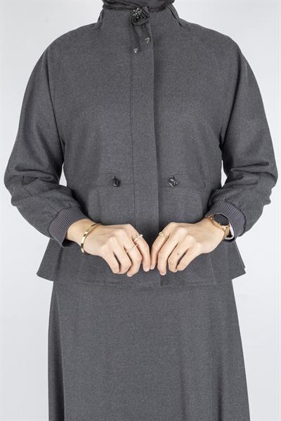 Belden Büzgülü Kaşe Ceketli Etek Takım Füme OTW3320