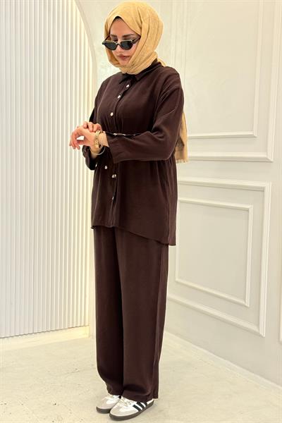 Beli Bağlamalı Pantolonlu Takım Kahve OTW74019