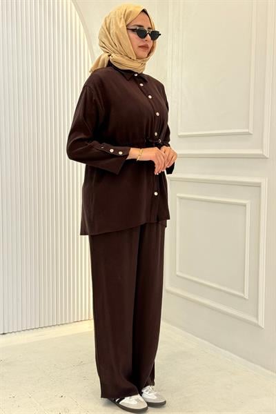 Beli Bağlamalı Pantolonlu Takım Kahve OTW74019