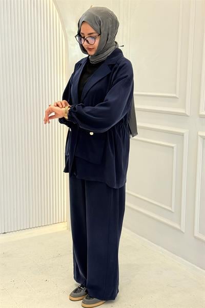 Beli Büzgülü Blazer Ceket Pantolon Takım Lacivert OTW74016