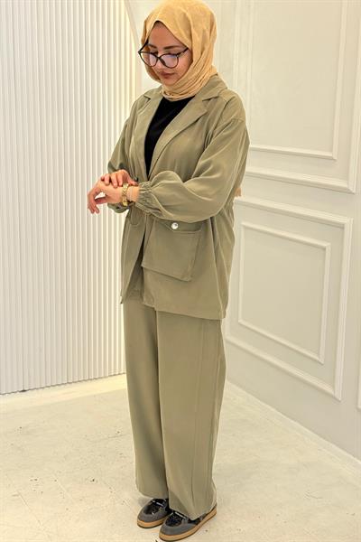 Beli Büzgülü Blazer Ceket Pantolon Takım Haki OTW74016