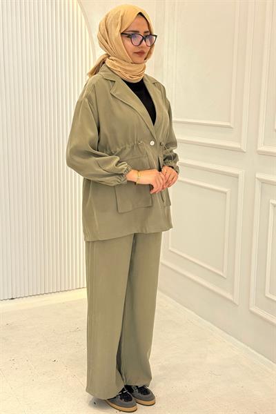 Beli Büzgülü Blazer Ceket Pantolon Takım Haki OTW74016