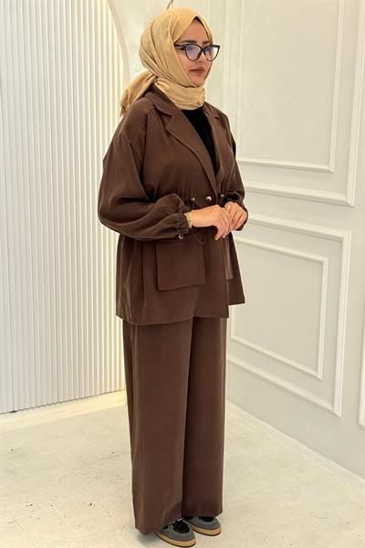 Beli Büzgülü Blazer Ceket Pantolon Takım Kahve OTW74016