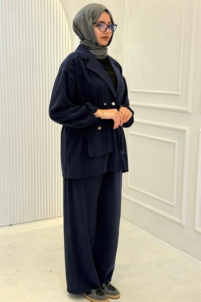 Beli Büzgülü Blazer Ceket Pantolon Takım Lacivert OTW74016
