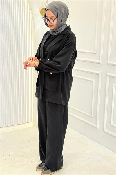 Beli Büzgülü Blazer Ceket Pantolon Takım Siyah OTW74016