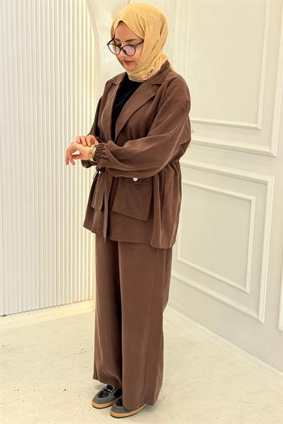 Beli Büzgülü Blazer Ceket Pantolon Takım Kahve OTW74016