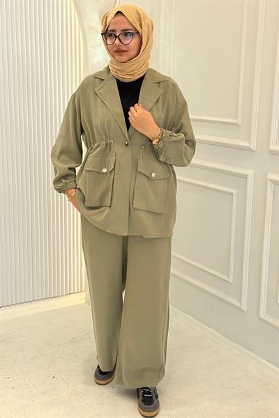 Beli Büzgülü Blazer Ceket Pantolon Takım Haki OTW74016
