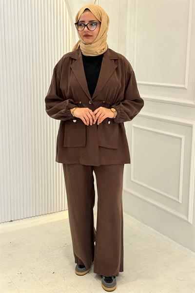 Beli Büzgülü Blazer Ceket Pantolon Takım Kahve OTW74016