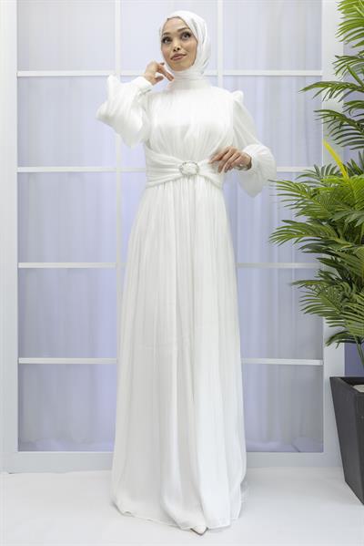 BELİ KEMER DETAYLI ABİYE ELBİSE Ekru OTW9060