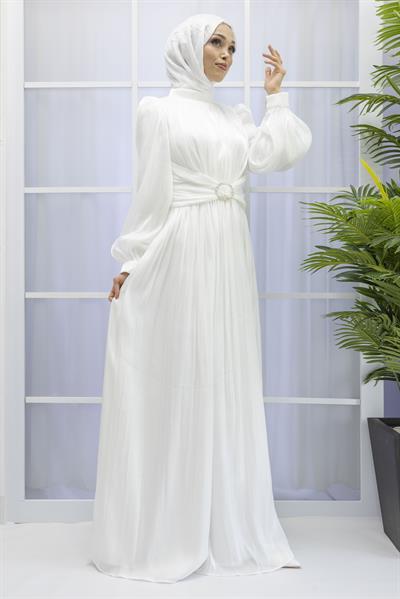 BELİ KEMER DETAYLI ABİYE ELBİSE Ekru OTW9060