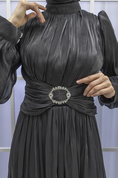 BELİ KEMER DETAYLI ABİYE ELBİSE Siyah OTW9060