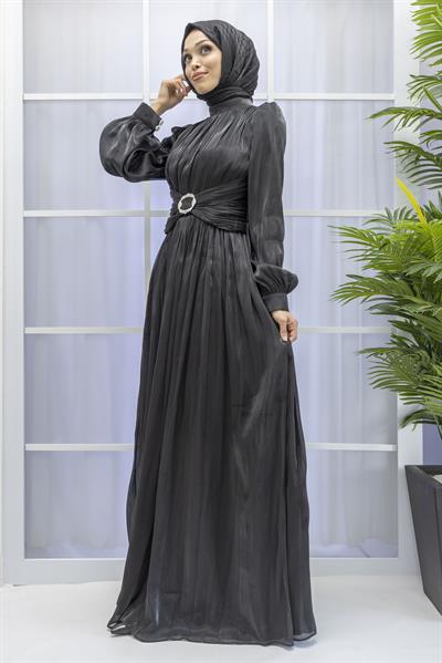 BELİ KEMER DETAYLI ABİYE ELBİSE Siyah OTW9060