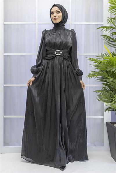 BELİ KEMER DETAYLI ABİYE ELBİSE Siyah OTW9060