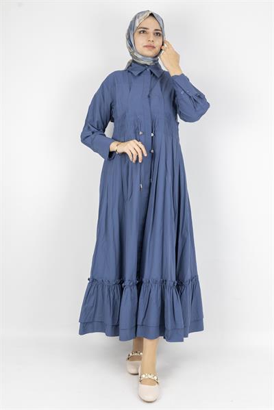 Beli Lastikli Katlı Tesettür Elbise Mavi OTW046
